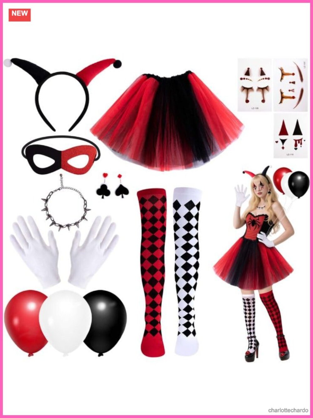 13 Pc Women Halloween Clown Costume Set Polyester Adults Party Outfit